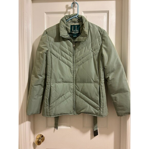 Vintage Larry Levine Down Jacket, sage green iridescent, belted, Puffer Medium - Picture 1 of 8